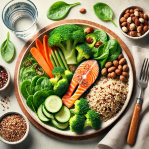 A vibrant plate of healthy food, including leafy greens, quinoa, and avocados.