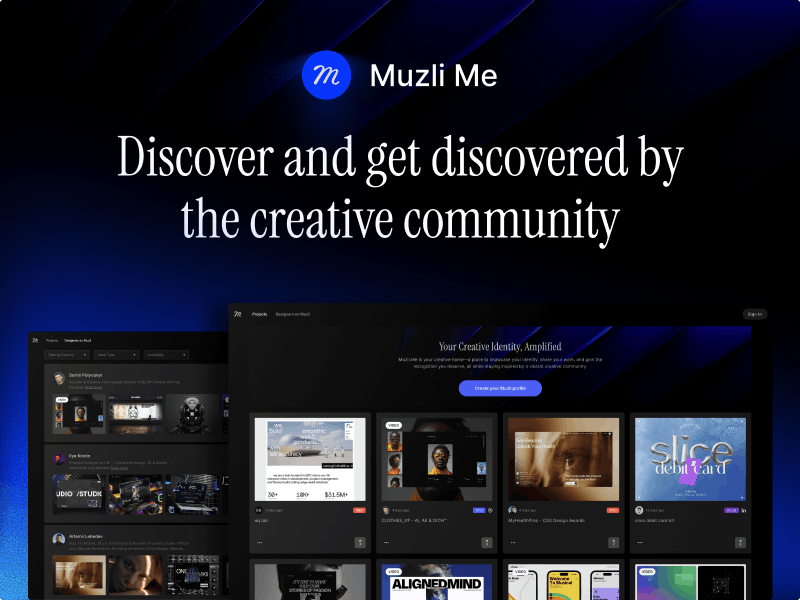 Dark blue Muzli Me interface with the headline “Discover and get discovered by the creative community” displayed above a grid of creative projects.