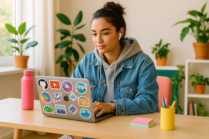 A young Gen Z woman in her early 20s sits at a modern desk, wearing a beige hoodie under a denim jacket and using a laptop covered in colorful stickers. She has wireless earbuds on, with a pink water bottle and pastel desk accessories nearby, natural light coming through a window, and plants in the background.