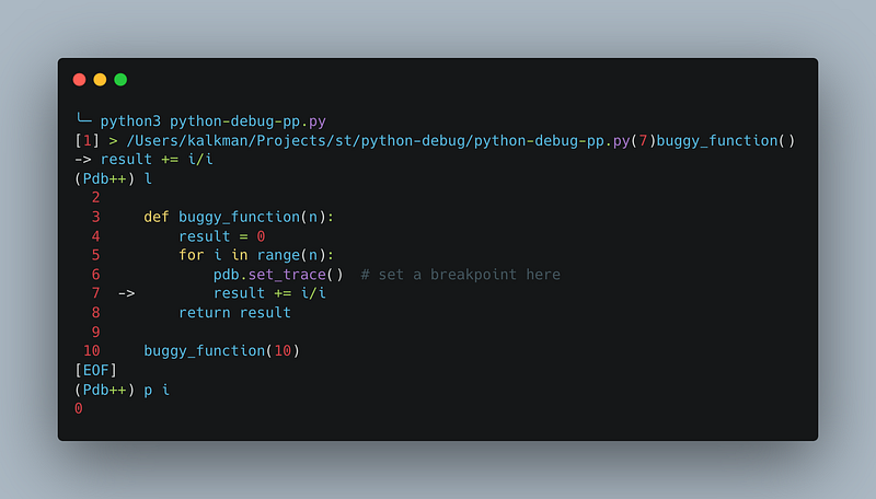 A screenshot of pdb++ in action, showing syntax highlighting while debugging.