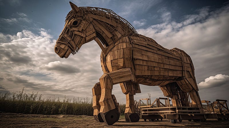 An image showing a big wooden horse in a field. Typically a trojan horse