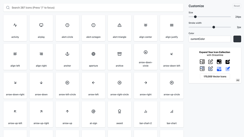 The original minimal icon set. 287 icons. Best for small projects that need a clean, tight set.