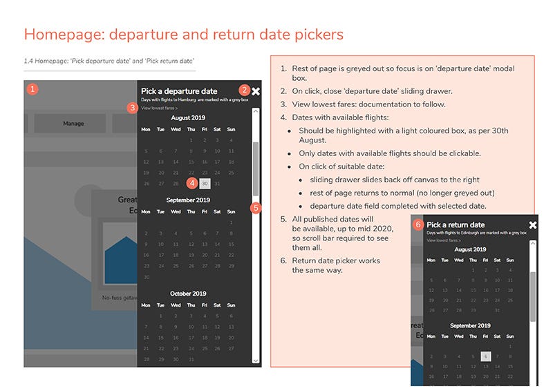 Wireframe of date picker modal box