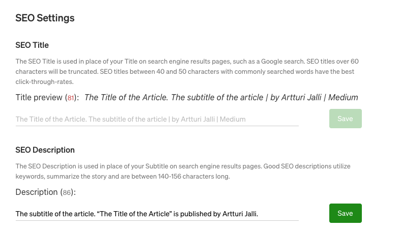 SEO Settings section on Medium’s More Settings page