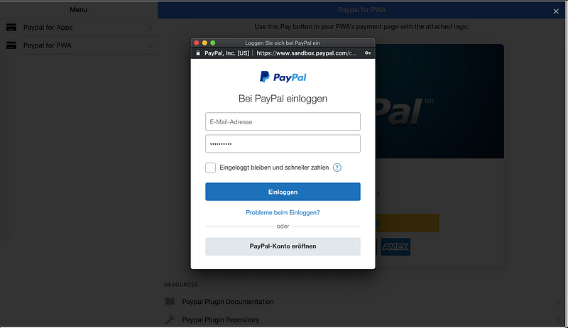 PayPal web script launches modal for login and payment