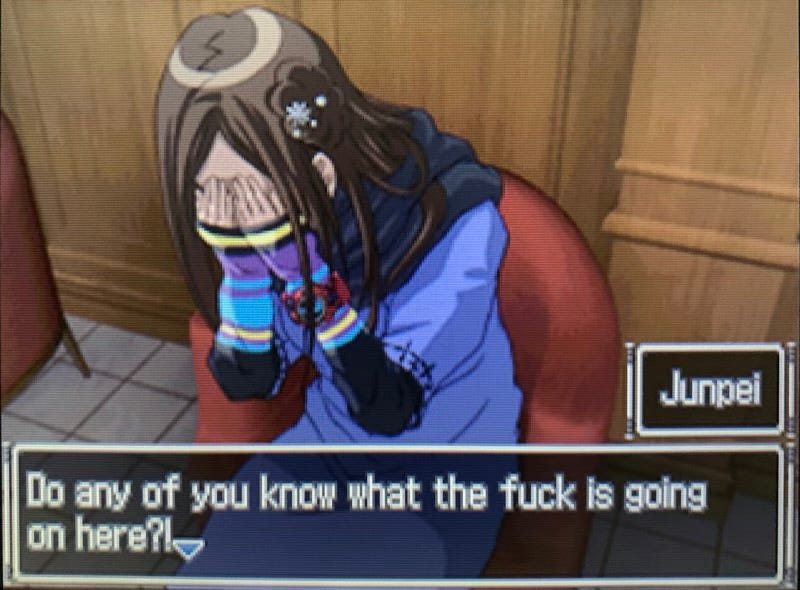 Woman crying. Junpei asks “Do any of you know what the fuck is going on here?!”