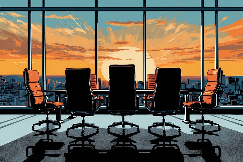 A conference room with a desk and empty chairs in front of large windows with a cityscape in the background