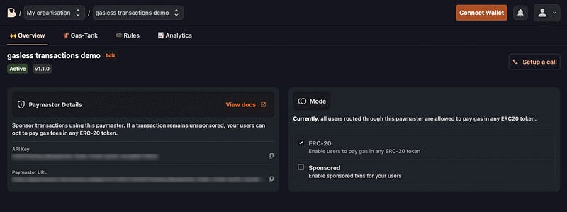 Viewing paymaster url and the API key at Biconomy Dashboard