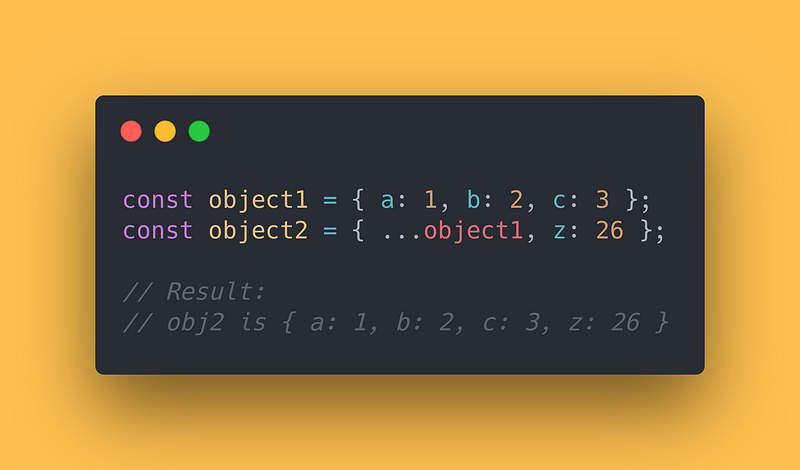 JS code block showing how to combine multiple objects into 1 using the spread operator