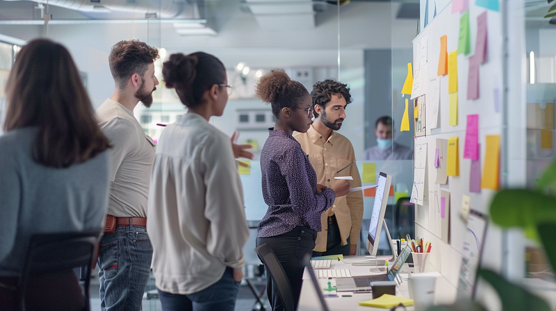 employees engaged in a brainstorming session around a whiteboard