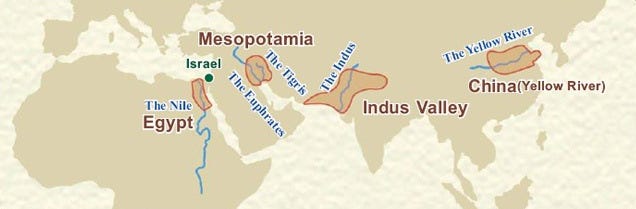 四大古文明分別是尼羅河流域的古埃及、兩河流域的巴比倫、印度河流域的古印度、黃河流域的中國（來源 https://www.quora.com/What-are-the-four-ancient-civilizations/answer/Varun-529）