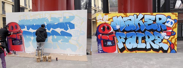 ライブペインティング。左の写真のように土曜日1日をかけて、メイカーフェアのグラフィティが描かれていた。