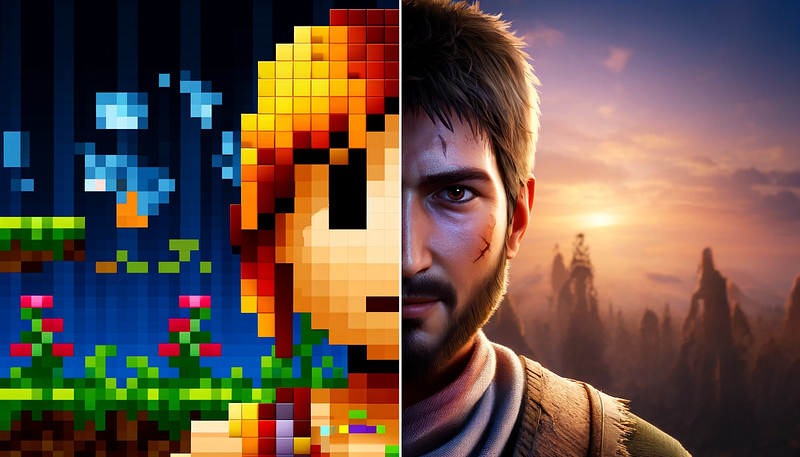 Comparison of Pixel Art and Realistic Gaming Graphics A split image showing the evolution of gaming graphics, with pixel art on the left and a realistic character on the right, illustrating advancements in GPU technology.
