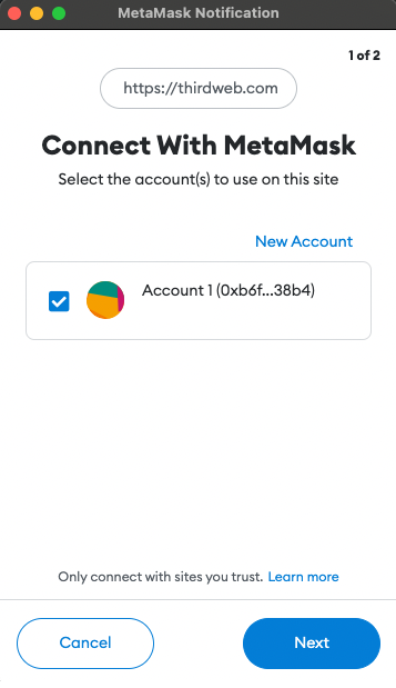 Use your MetaMask wallet to connect to the thirdweb dashboard