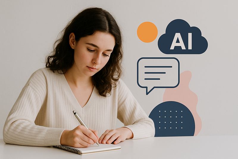 A young woman writing in a notebook at a white desk, symbolizing the creative process of crafting AI prompts.