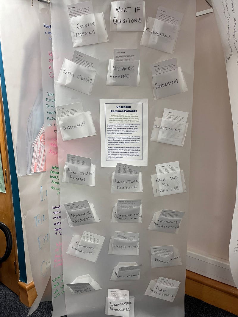 CommonParlance layer of Dudley People’s School for Climate Justice counter-map — tracing paper suspended from the ceiling with the new/ old words of our growing unschool glossary tucked into pockets attached to the tracing paper.