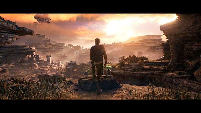 Cal Kestis overlooking a small settlement on the planet Koboh during a sunrise Cal Kestis overlooking a small settlement on the planet Koboh during a sunrise
