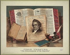 An illustrated image of Noah Webster framed against the pages of dictionaries.
