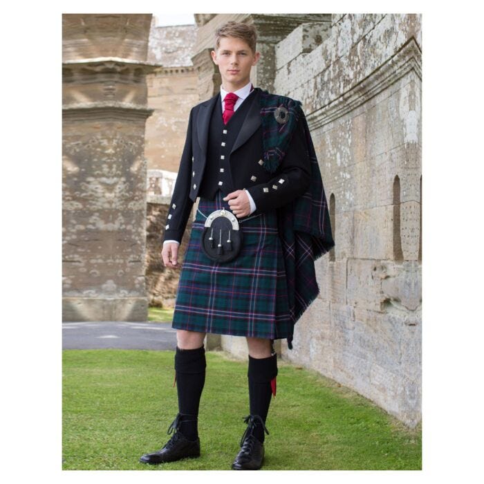 Kilt Outfits: Kilt: The kilt is the main garment of the outfit. It is a knee-length skirt made of tartan, a plaid fabric that is specific to each Scottish clan. The kilt is held up by a belt and a ghillie brooch.