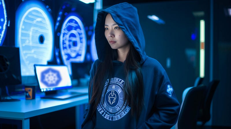An Asian woman looking like a hacker wearing a t-shirt with the KubeArmor logo. In the background several screens are visible