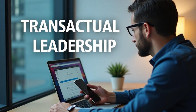 A businessman sitting behind his desk using his mobile phone as he views his laptop screen. To the left of the image are the large, bold words “Transactual Leadership”
