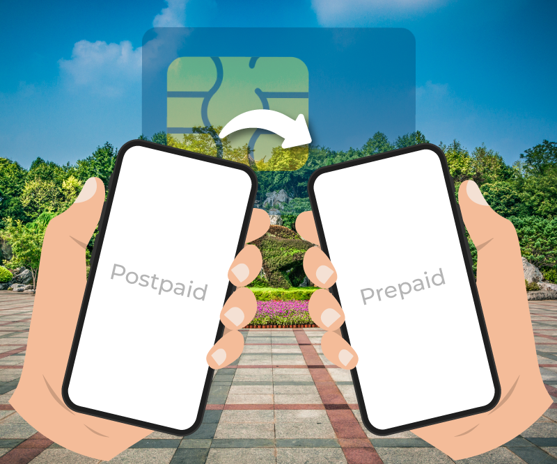 A postpaid phone and a Telsim prepaid phone are held in hand.
