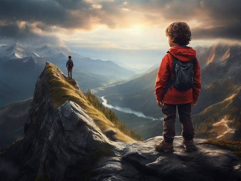 A young child stands atop a mountain, gazing out at the world below with a determined look in their eyes, ready to conquer it all.