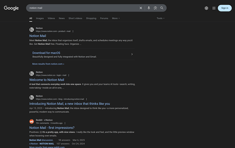 Google search results for “notion mail”