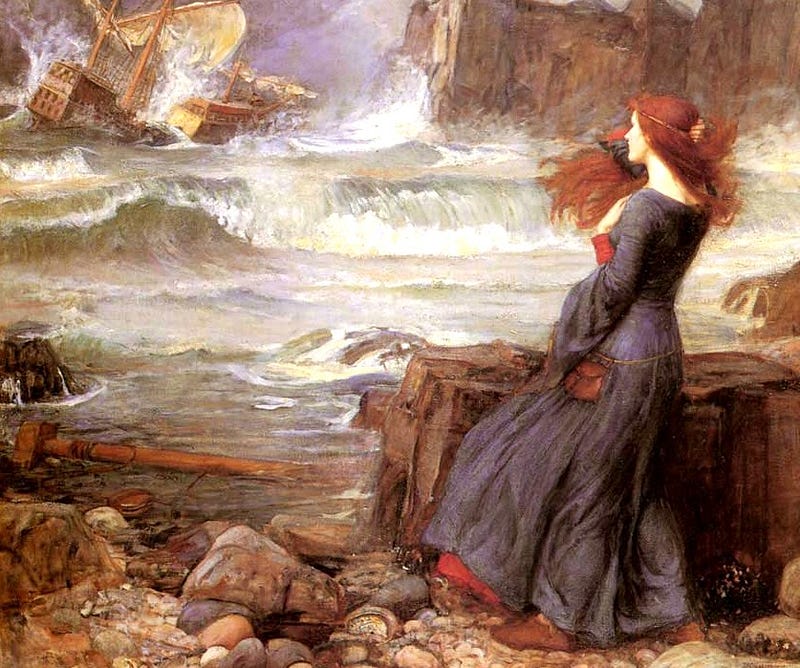 A painting of Miranda looking on the destruction of the King of Naples ship from The Tempest.