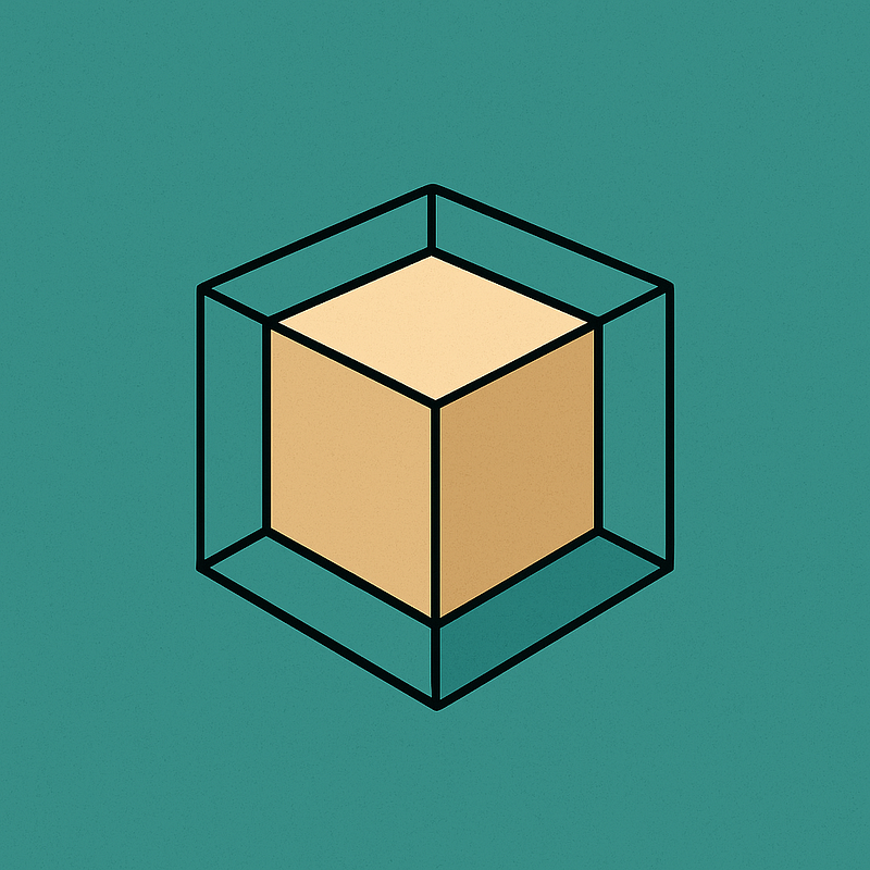 A minimalist 2D illustration of a cube with three visible beige faces inside a black wireframe, floating against a teal background — symbolizing partial perception and hidden perspectives.