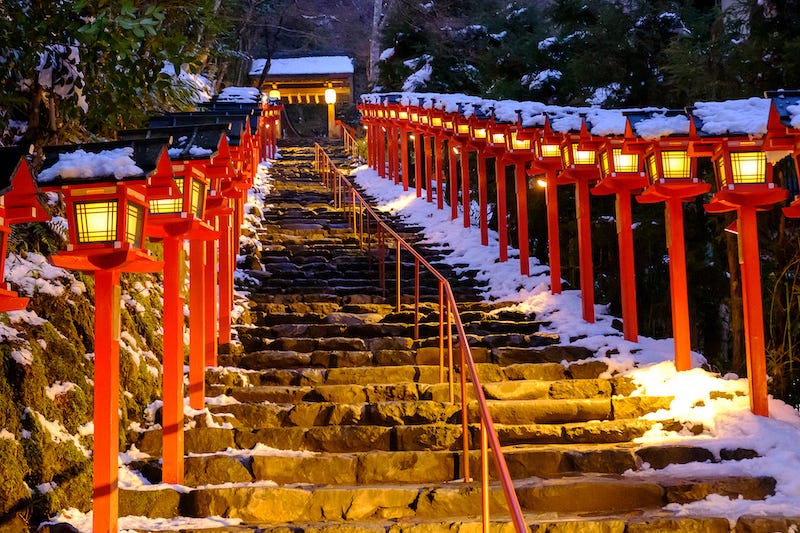 The snow-covered stairs to Kifune Shrine during the months of winter