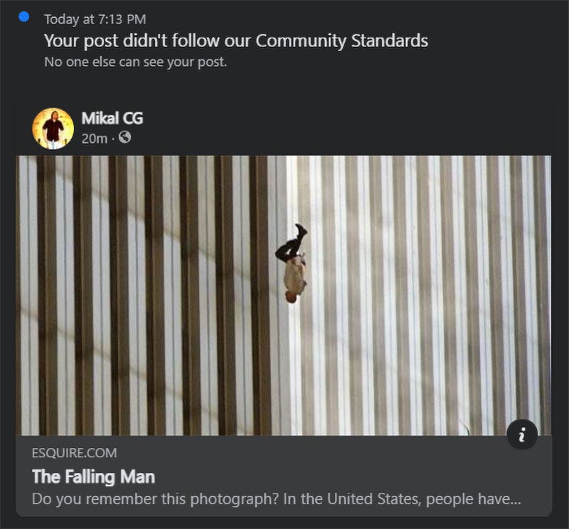 Facebook is punishing people for sharing the famous article and photo “The Falling Man”.