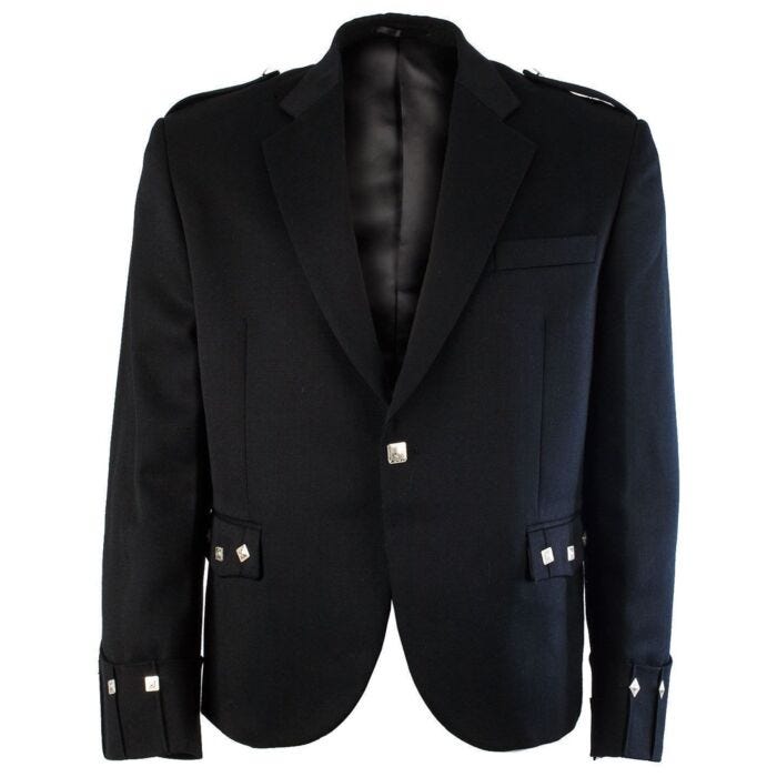 Kilt Jacket: 
 1
 A kilt jacket is a type of jacket that is worn with a kilt. It is typically made of wool or tweed, and it can be either formal or informal in style. The most formal type of kilt jacket is the Prince Charlie jacket, which has a tailcoat design and satin lapels. The more informal type of kilt jacket is the Argyle jacket, which has a more relaxed fit and a diamond-shaped pattern on the front.