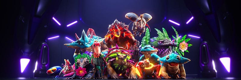 A variety of Illuvials come together for a photo in the game Illuvium.