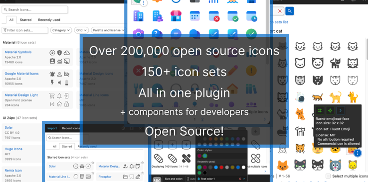 Access to over 275,000 icons from 150+ open-source icon sets, searchable inside Figma.