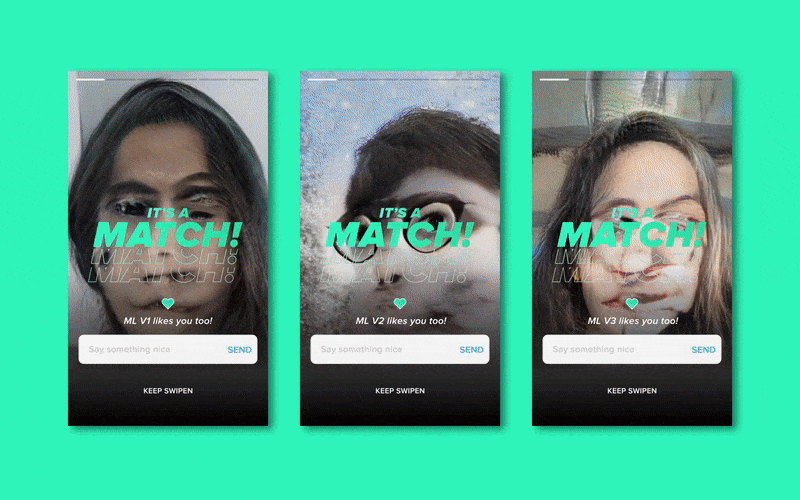 3 Screens that look like tinder, each showing a moving image of a AI-generated faces.