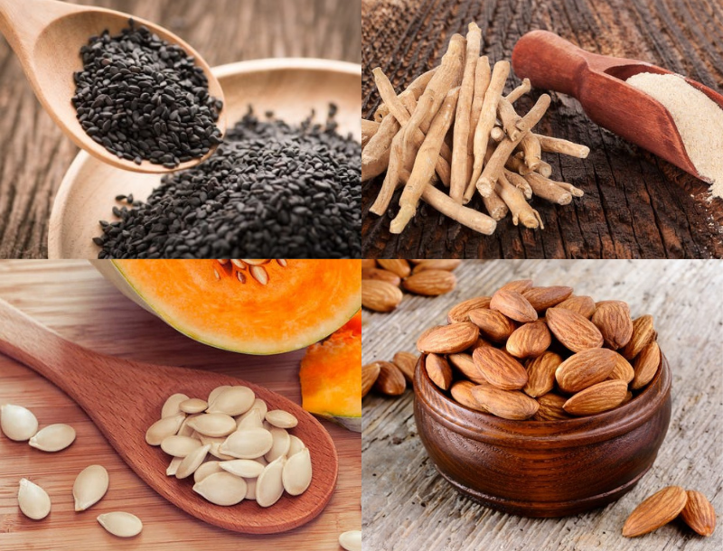 Almonds, sesame seeds, pumpkin seeds, ashwagandha