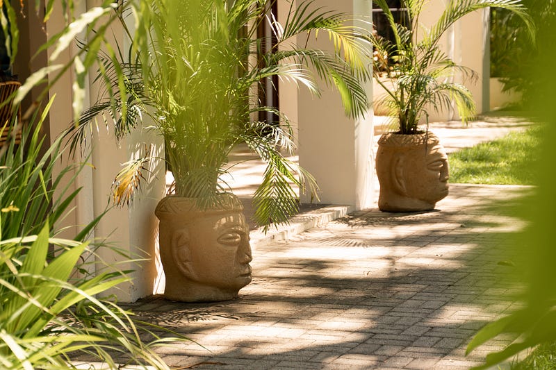 Locally made carved stone planters welcome guests at Hona Wellness in Dominical, Costa Rica. Project by New Utopia.