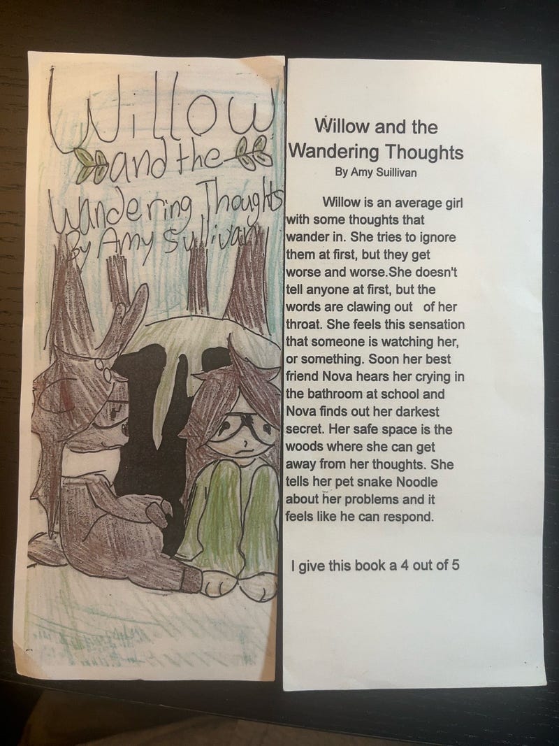 A handmade bookmark created for an Author’s Fair, featuring original artwork from Willow and the Wandering Thoughts alongside a student-written summary, review, and author bio.