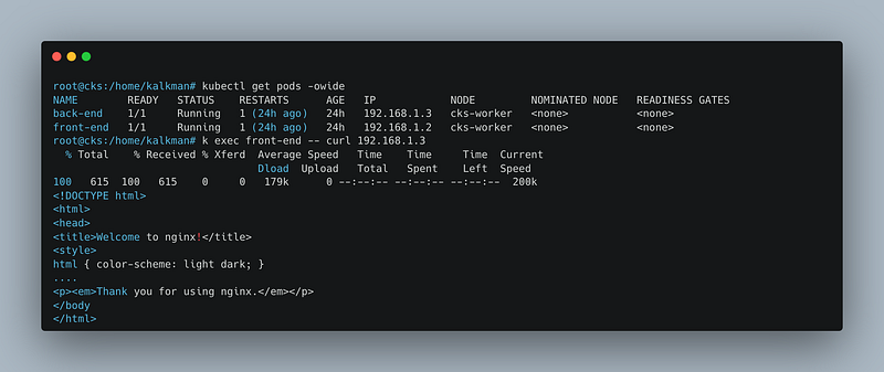 A screenshot of a Mac OS terminal showing how the back end pod can be reached using a curl command, after adding a network policy