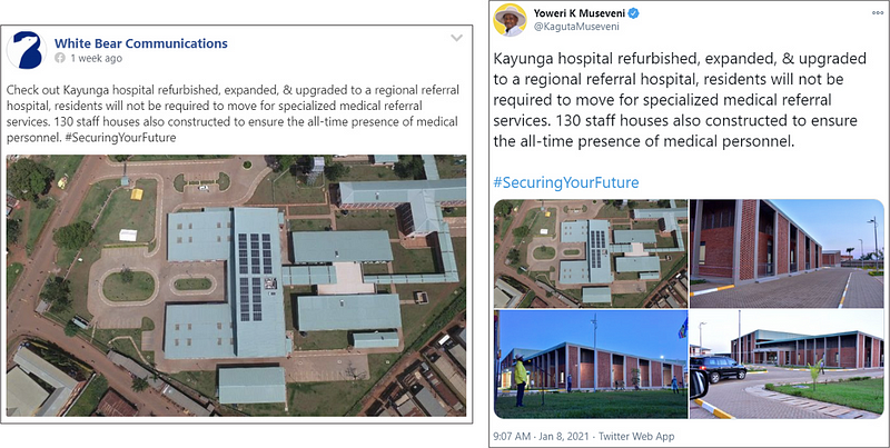 The Facebook page for White Bear Communications copied a tweet for Museveni’s official Twitter account. (Source: Facebook, left; @KagutaMuseveni/archive, right)