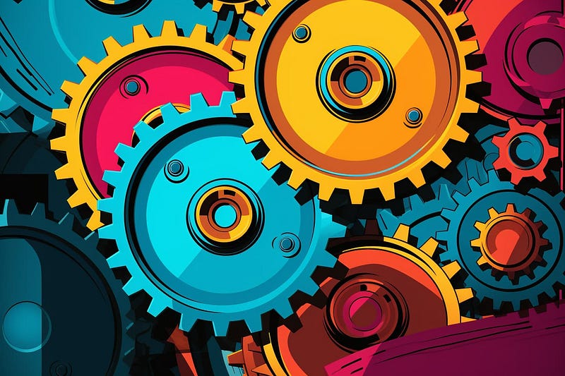 Pop art illustration of colorful turning gears