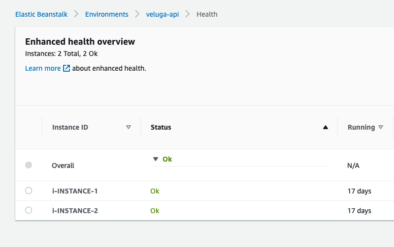 AWS Elastic Beanstalk Enhanced health overview에 있는 Ok Health Status