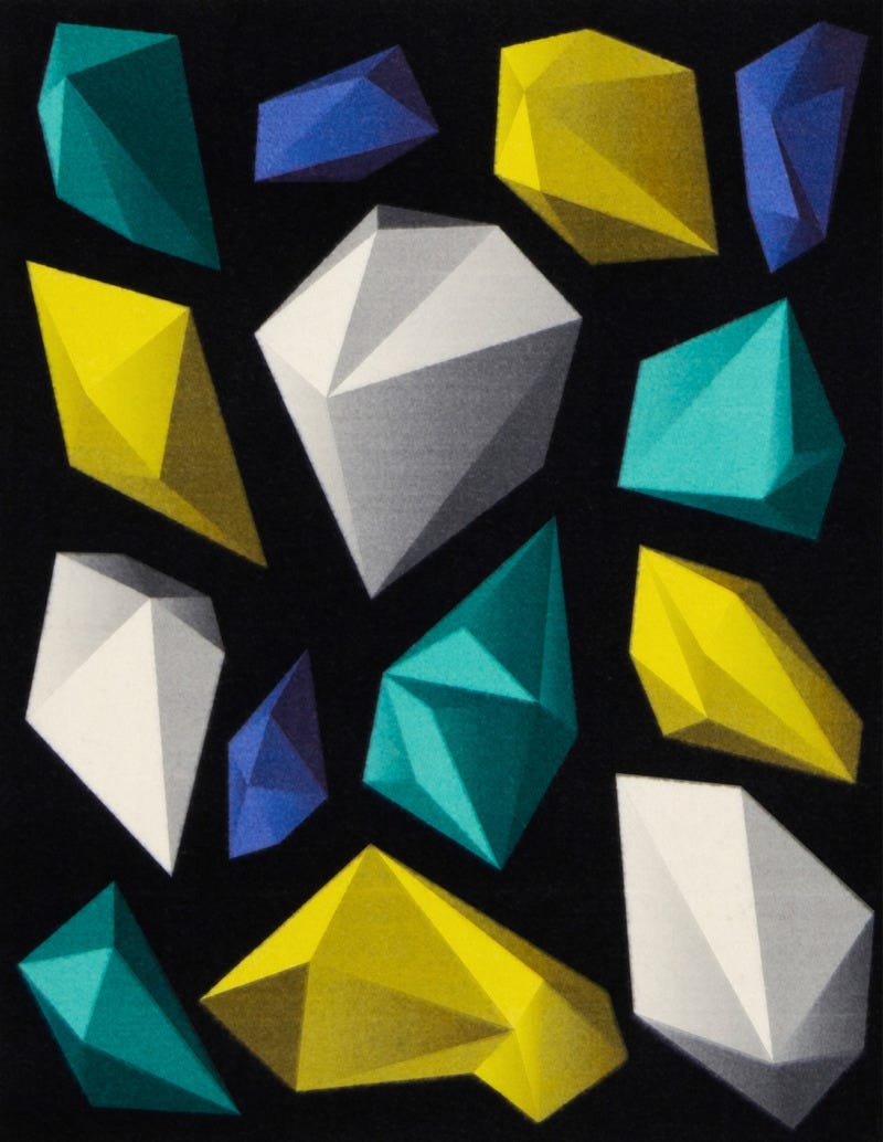 A black rug with geometric crystalline shapes, which alternate in blue, cyan, white, and yellow colouring.