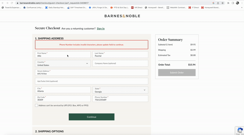 A gif showing a purchase checkout process for Barnes & Noble on a desktop screen