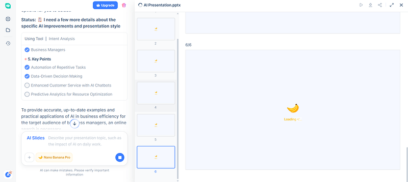 AI Slides — confirms style, audience, and key points before generating