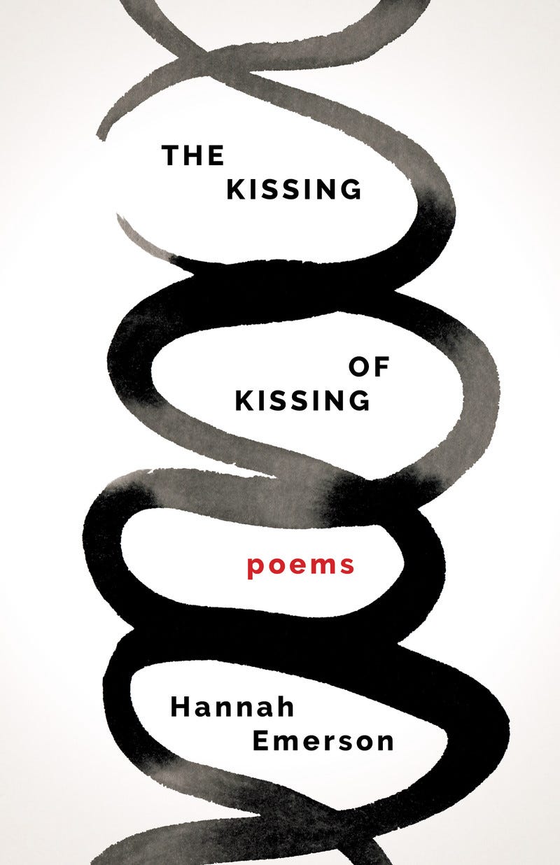 the cover of “The Kissing of Kissing” which has a white background and black watercolor lines snaking across it and surrounding the title and author’s name.