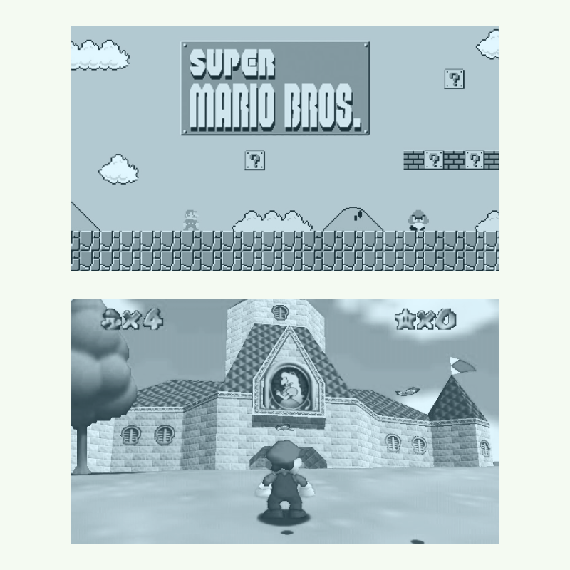 The image contrasts two different game styles featuring Mario. The top image shows a screenshot from the classic 2D platform game “Super Mario Bros.” where Mario navigates a side-scrolling world. The bottom image depicts “Super Mario 64,” illustrating the transition to a 3D open-world environment where Mario explores a more immersive and interactive world.
