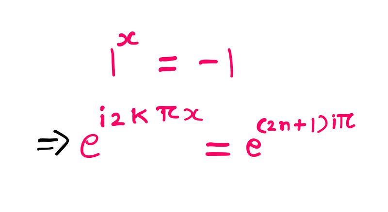 1ˣ = -1; e^(i2kπx) = e^{(2n+1)*iπ}