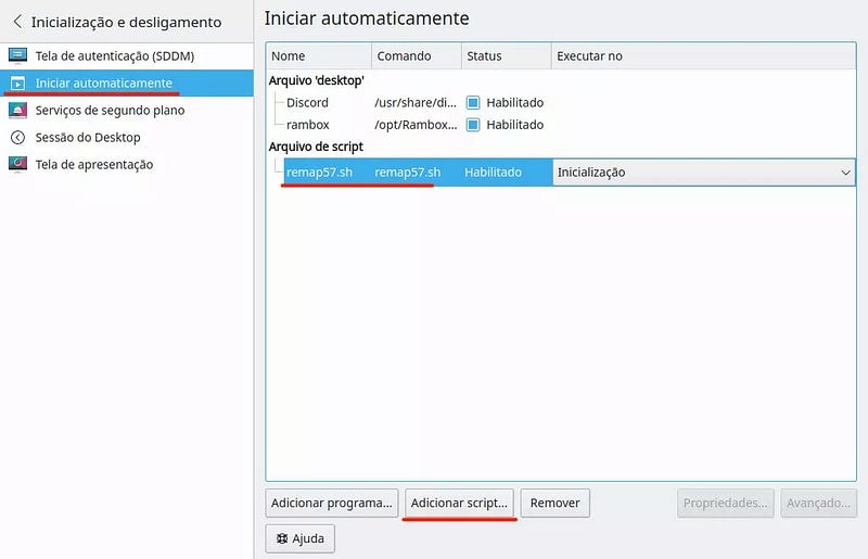 Screenshot das opções de auto start no KDE